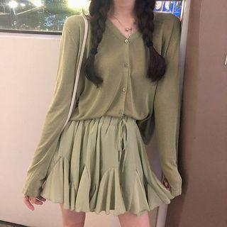 V-neck Cardigan / Drawstring Skort