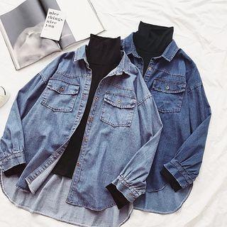 Mock-two Turtle-neck Loose-fit Denim Shirt