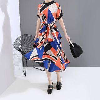 Printed Short-sleeve Layered Midi A-line Dress As Shown In Figure - One Size
