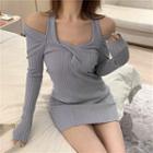 Long-sleeve Cold Shoulder Twist-front Knit Mini Bodycon Dress