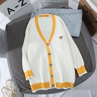 Bear Embroidered V-neck Cardigan As Shown In Figure - One Size