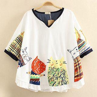 Print V-neck Short-sleeve Top