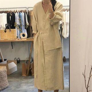 Elbow-sleeve Sashed Midi Dress Beige - One Size