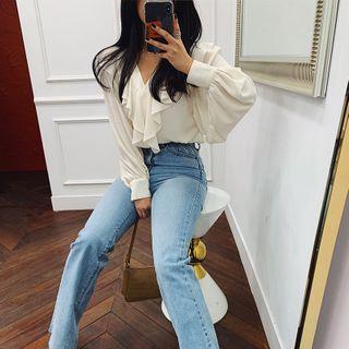Bishop-sleeve Ruffle-trim Sheer Blouse