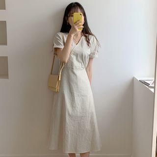 Striped V-neck Midi Dress White - One Size