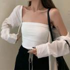 Long-sleeve Plain Cardigan / Plain Tube Top / Drawstring Skirt