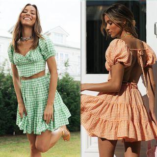 Set: Short Sleeve Lace Up Plaid Crop Top + A-line Skirt