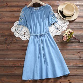 Short-sleeve Floral Bow Denim Dress