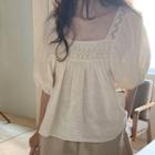 Elbow-sleeve Square-neck Blouse Almond - One Size