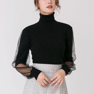 Sheer Overlay Turtleneck Sweater