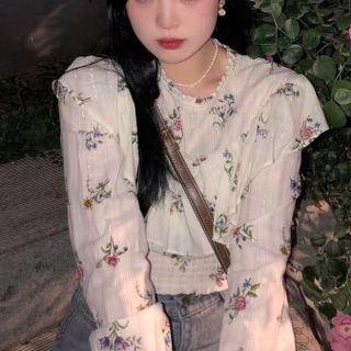 Floral Print Ruffle Trim Cropped Blouse