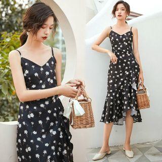 Spaghetti Strap Floral Print Ruffled A-line Dress