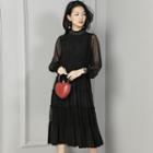Long-sleeve Rhinestone Gather Waist Dress