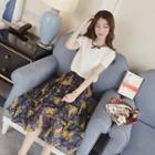 Set: Short-sleeve T-shirt + Print Chiffon Midi Skirt
