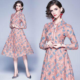 Long-sleeve Leaf Print A-line Lace Dress