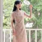 Mandarin Collar Short-sleeve Sheath Lace Dress