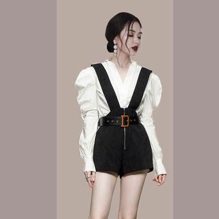 Set: Puff-sleeve Blouse + Denim Jumper Shorts