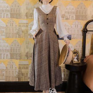 Set: Puff-sleeve Lace Blouse + Plaid Midi Overall Dress