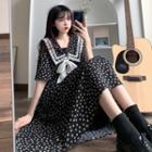 Elbow-sleeve Sailor Collar Floral Midi A-line Dress