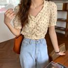 Floral Print Puff-sleeve Cropped Blouse Floral - Yellow - One Size