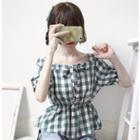 Plaid Square-neck Puff-sleeve Top