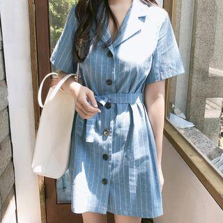 Short-sleeve Striped Mini Shirt Dress