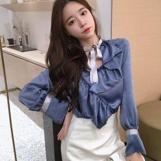 Frill-trim Blouse Blue - One Size