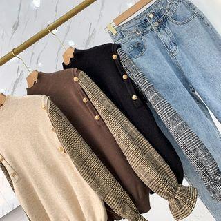 Plaid Panel Loose-fit Knit Top