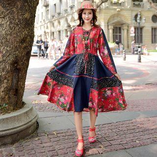 Patchwork Long-sleeve A-line Midi Dress
