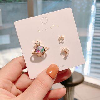 Set Of 3: Faux Pearl Faux Crystal Planet Moon & Star Earring Set Of 3 - Moon & Star - One Size
