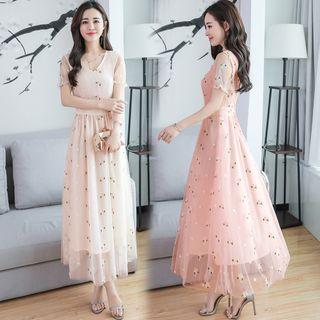 Short-sleeve A-line Midi Embroidered Mesh Dress