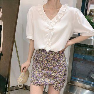 Plain Ruffled Short-sleeve Blouse