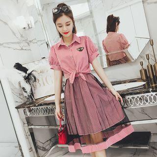 Set: Plaid Short Sleeve Shirt Dress + Mesh Midi Skirt