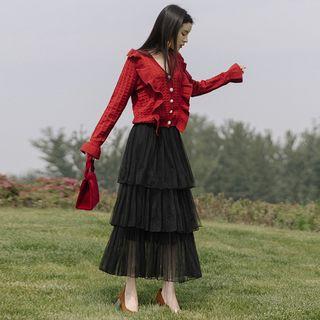 Set: V-neck Ruffled Cardigan + Midi Tiered Mesh Skirt
