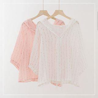 3/4-sleeve Hooded Floral Blouse