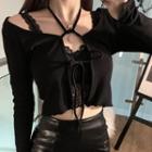 Tie-strap Cropped Cardigan / Lace Camisole Top / Faux Leather Mini Pencil Skirt