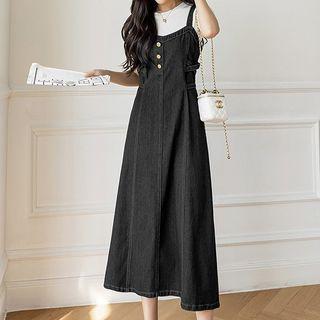 Spaghetti Strap A-line Midi Denim Dress