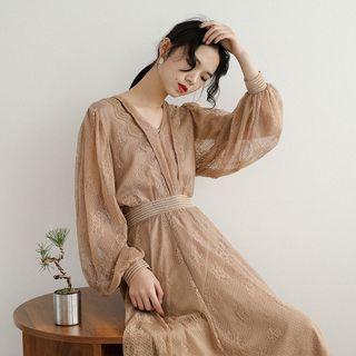 Set: Long-sleeve Lace Top + A-line Midi Skirt