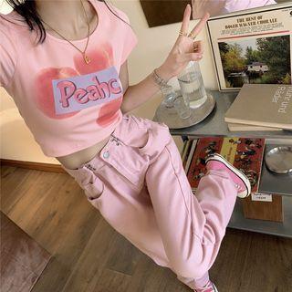Short-sleeve Lettering T-shirt / High Waist Wide Leg Jeans