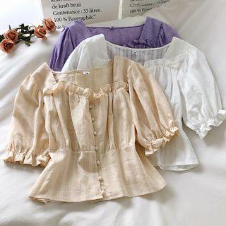 Square Neck Ruffle Trim Puff-sleeve Blouse