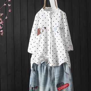 Applique Dotted Elbow Sleeve Blouse