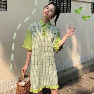 Elbow-sleeve Checker Polo Shirt Dress Green - One Size