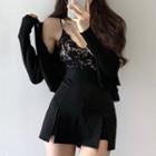Spaghetti Strap Lace Top / Mini Fitted Skirt / Cardigan