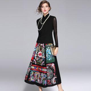 Set: Long-sleeve Top + Printed Midi Skirt