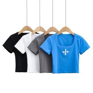 Short Sleeve Square-neck Printed Crop Top