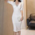 Short-sleeve V-neck Lace Trim Bodycon Dress