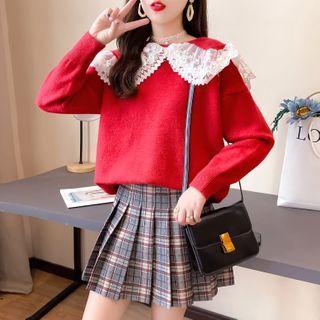 Set: Peter Pan-collar Lace Knit Sweater + High-waist Plaid Pleated Skirt