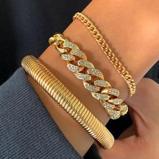 Set Of 3: Rhinestone Chunky Chain Bracelet + Alloy Bracelet + Alloy Bangle