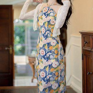 Set: Halter-neck Floral Print Midi Bodycon Dress + Cardigan