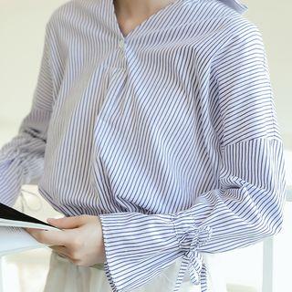 Tie-cuff Striped V-neck Blouse